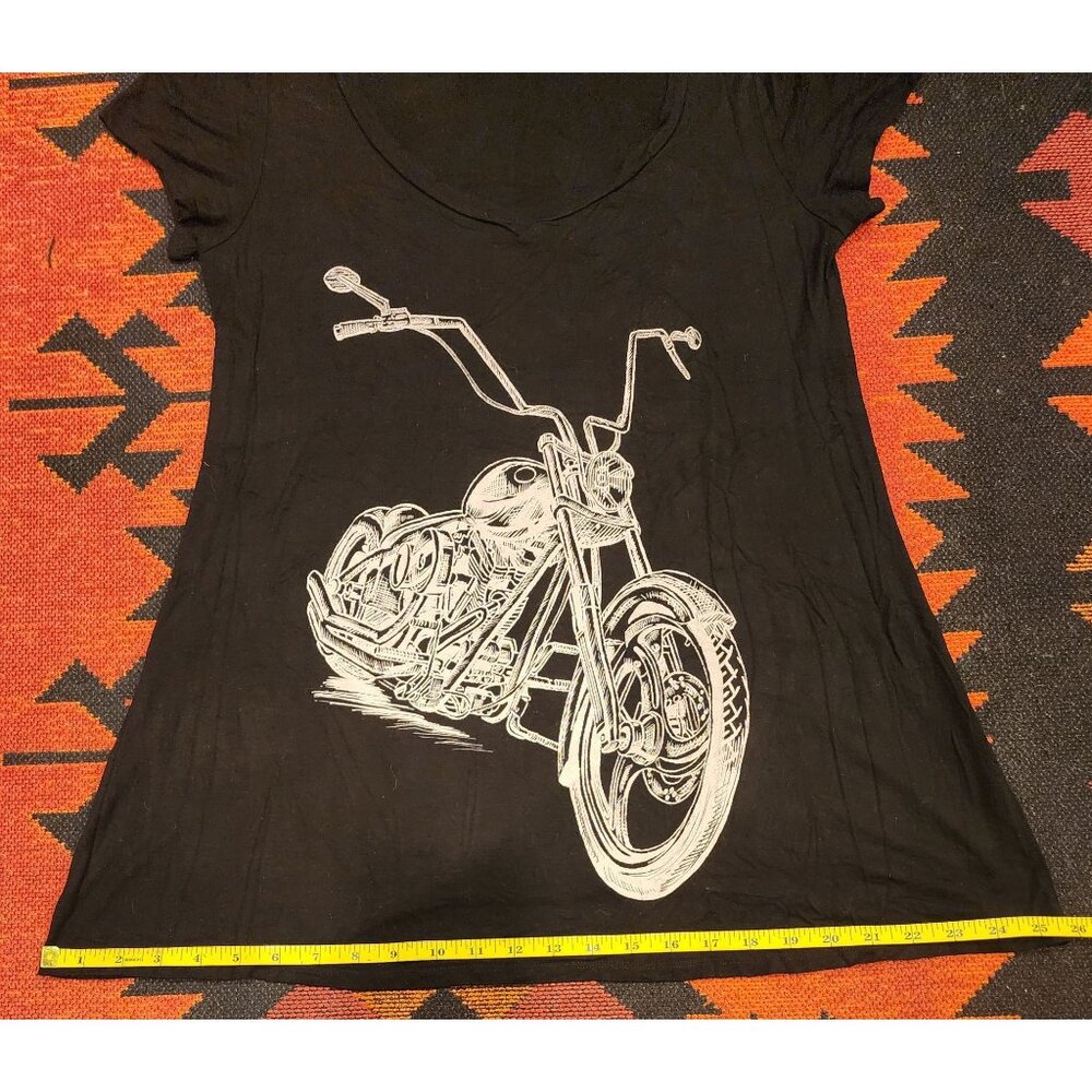 Vintage"Joshua" Black Motorcycle Graphic Women's Low V-Neck T-Shirt. Sz L - Picture 9 of 16